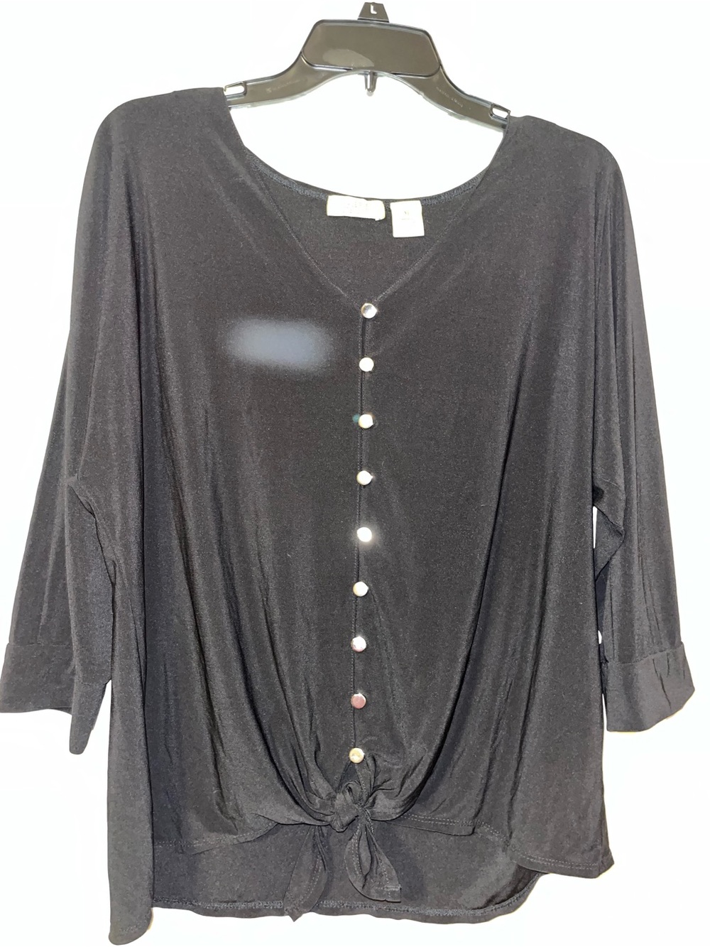 Valerie Stevens Black Button-Front Tie Hem Knit Top